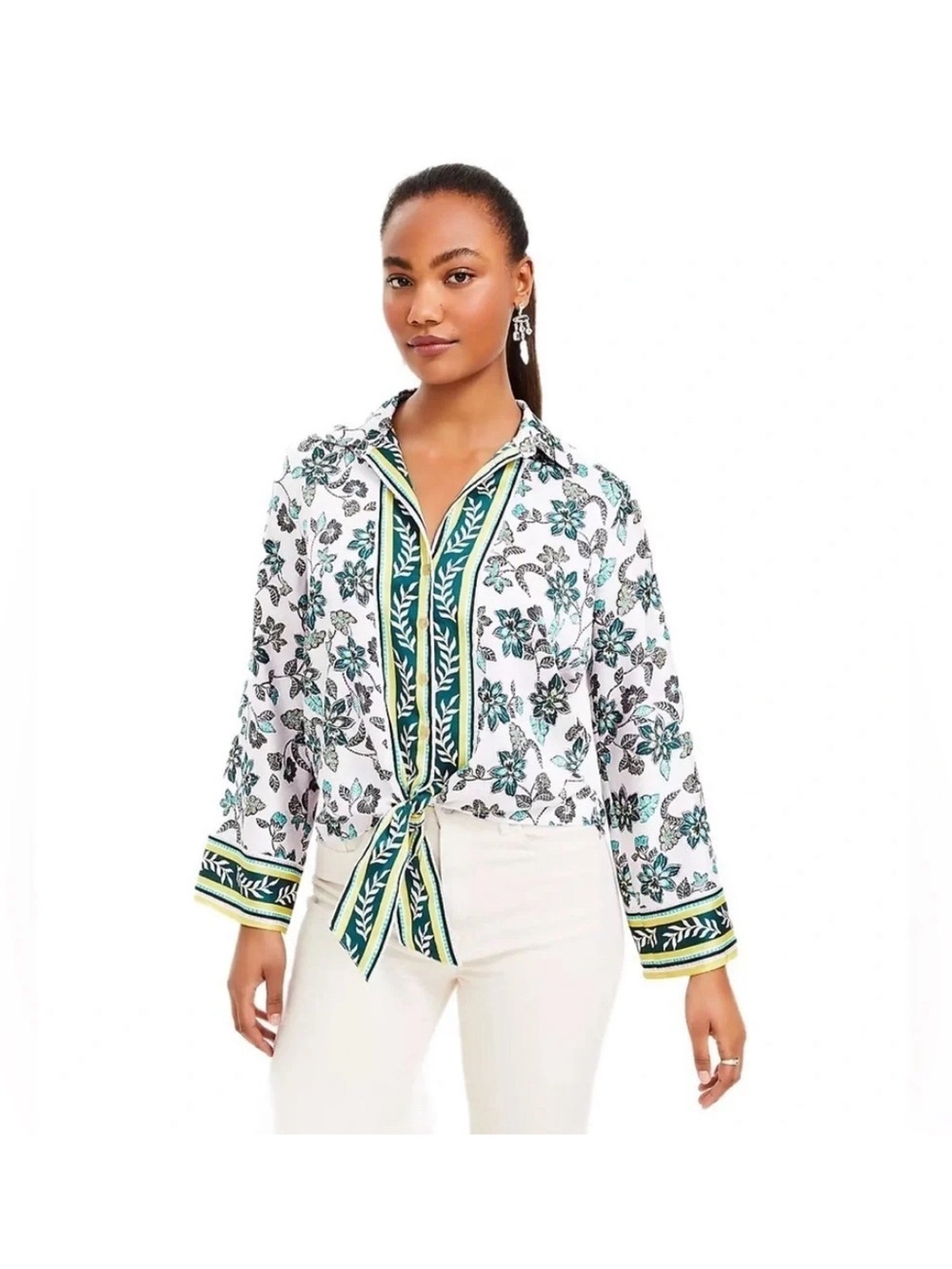 LOFT Floral Tie-Front Button-Up long sleeve blouse